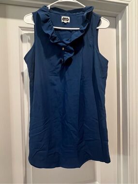 Mud Pie Sleeveless Ruffle Collar Button Blouse - Deep Blue